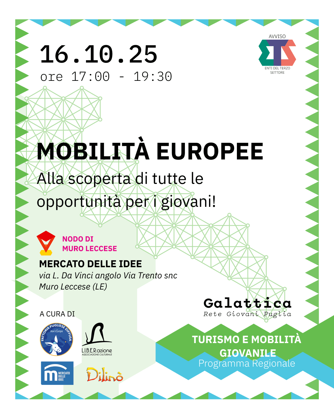 locandina dell'evento del 16 ottobre 2025 Mobilità Europee, alla scoperta di tutte le opportunità per i giovani. Nodo di Muro Leccese Evento del 16 ottobre 2025 sulle mobilità europee, alla scoperta di tutte le opportunità per i giovani