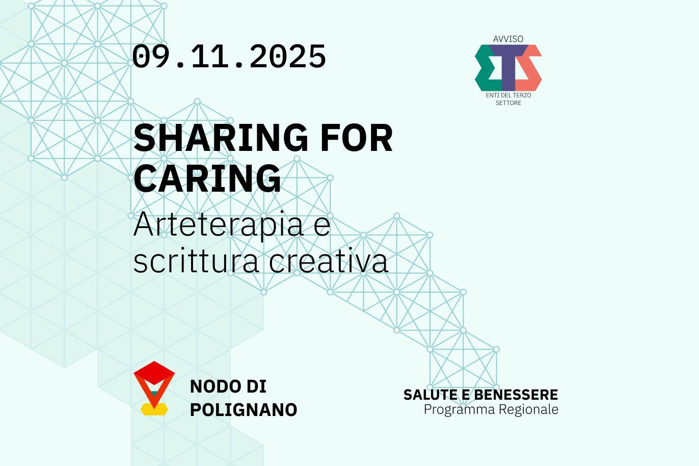 Grafica con colori freschi e chiari. Riporta i dati dell'evento "sharing fo caring - arteterapia e scrittura creativa". In data 09 novembre 2025