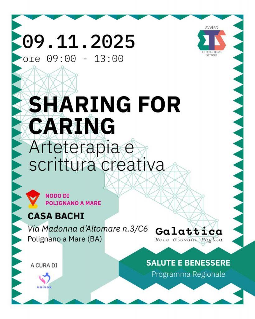 Locandina con colori freschi e chiari. Riporta i dati dell'evento "sharing fo caring - arteterapia e scrittura creativa". In data 09 novembre 2025