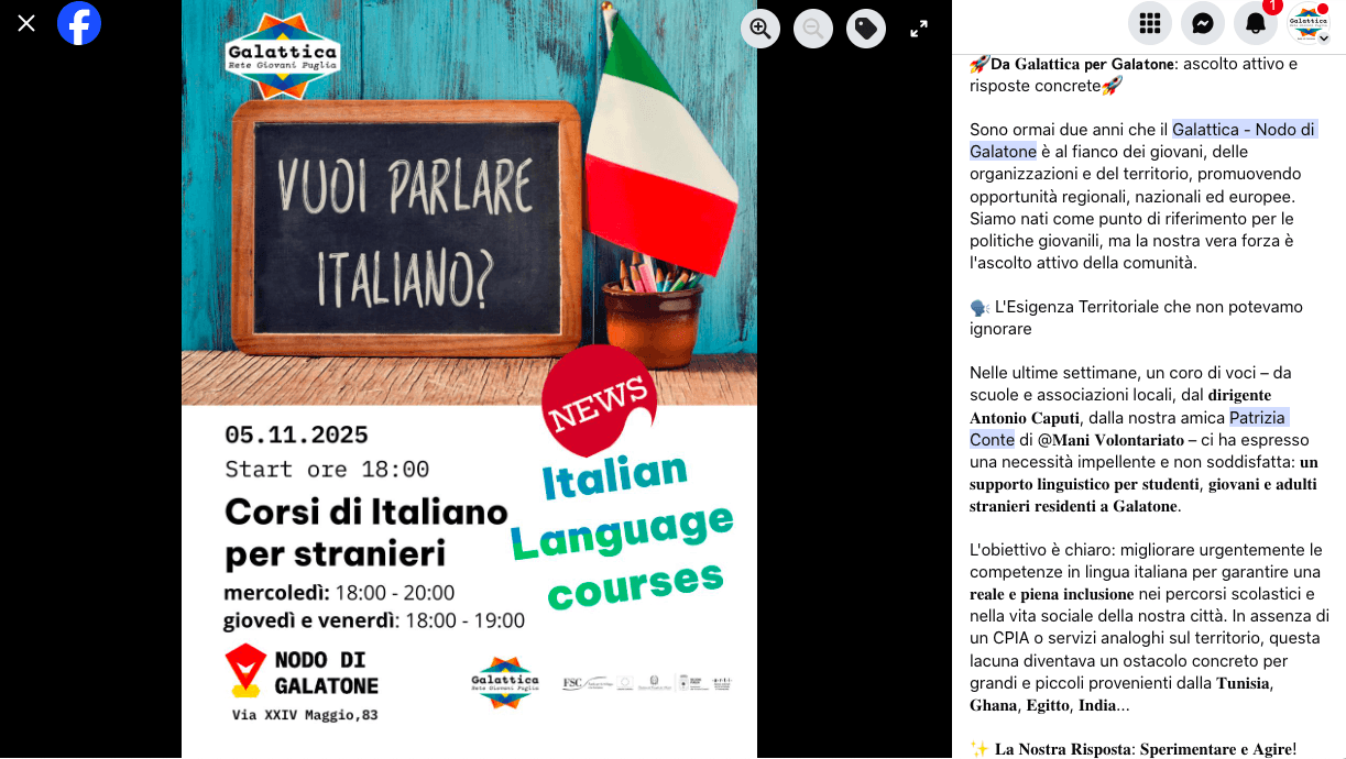 Corso di italiano per stranieri a Galattica Galatone, come è cominciato tutto