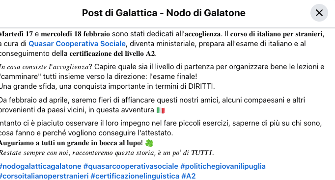 Corso italiano per stranieri Nodo Galattica Galatone a cura di Quasar Formazione