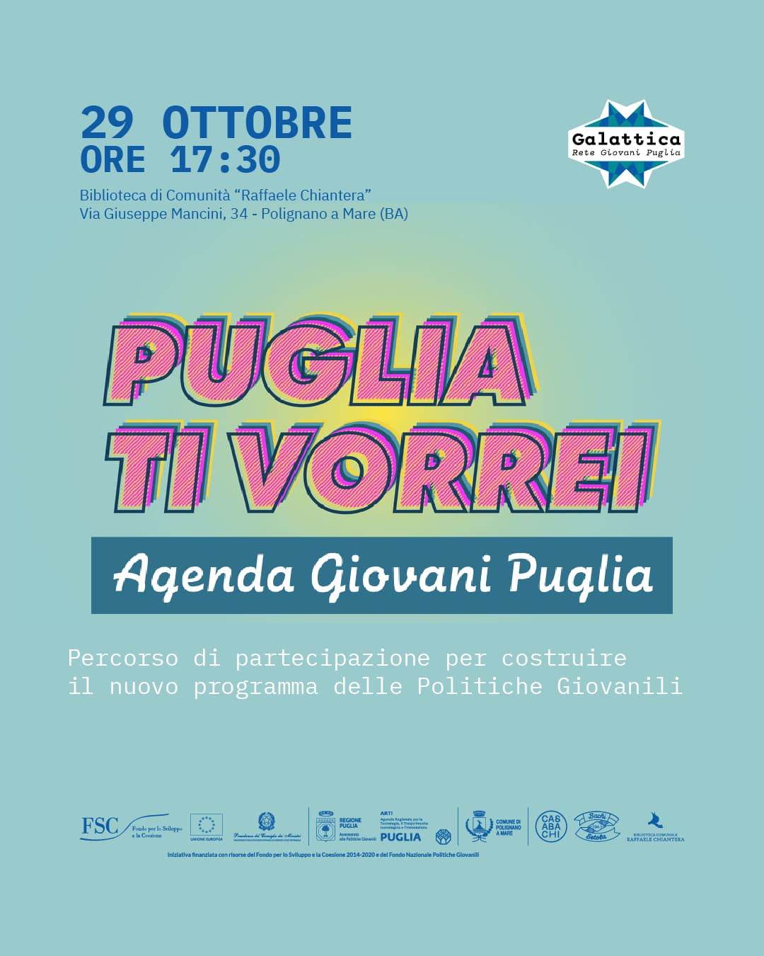 Grafica locandina evento Puglia ti vorrei del 29 ottobre a Polignano a Mare